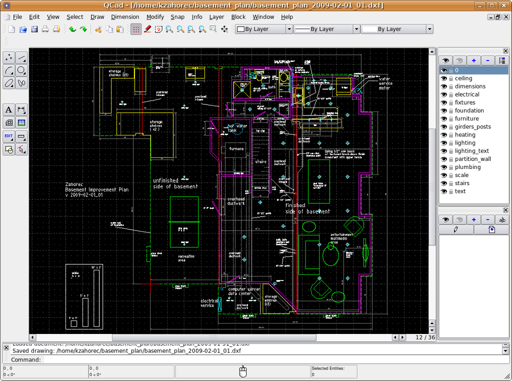 Librecad Creating a detailed design drawing for a basement remodel job