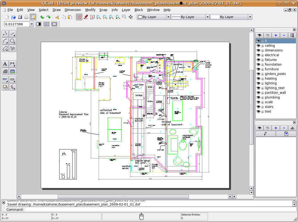 Librecad Creating a detailed design drawing for a basement remodel job